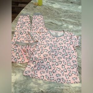 Pillow Talk Cat Print Pajama Set Short Sleeve  Pink Medium